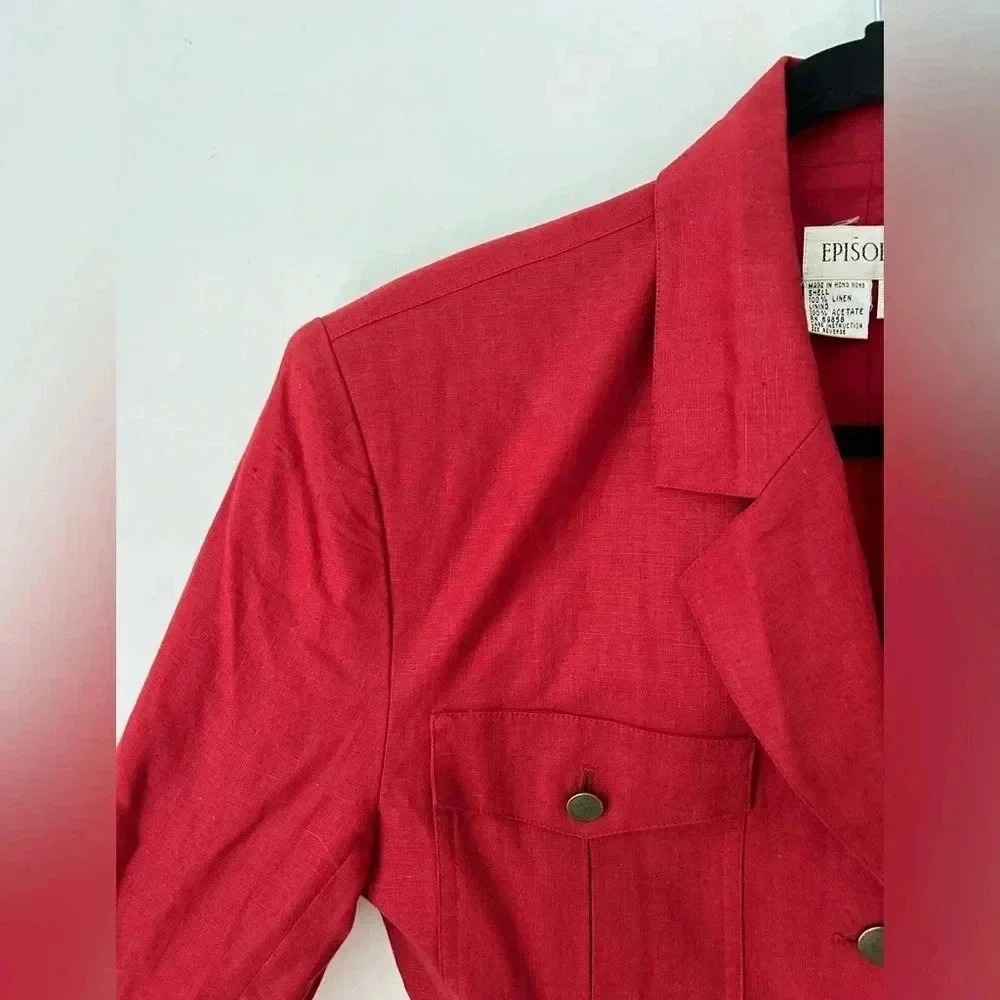 Vintage 90s Episode Red Linen Blazer Gold Button Tailored Jacket Women Size 4 - Picture 4 of 11